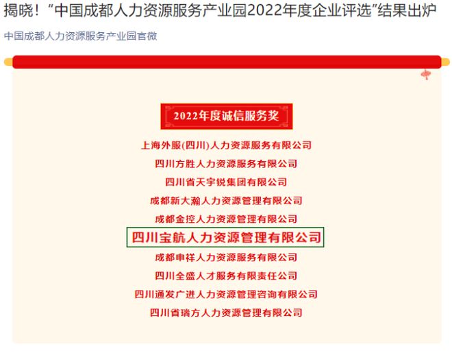 喜讯|宝航人力集团荣获 中国人力资源产业园2022年度诚信服务奖